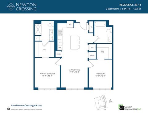 Floor plan for 2 beds, 2 baths, 1075 sqft